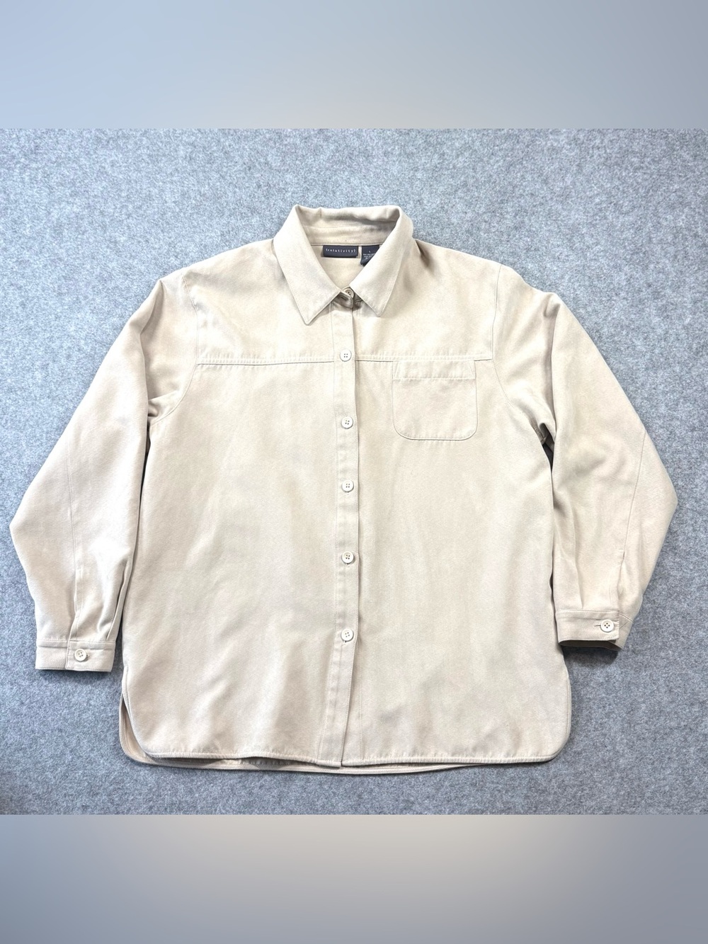 Vintage Relativity Beige Faux Suede Button-Down Shirt Top Large Cream Y2K Career